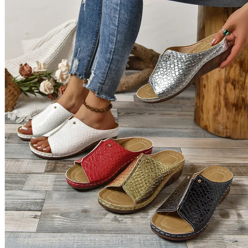 Women's Open-Toe Wedge Sandals - Croc Texture - Slip-On Comfort