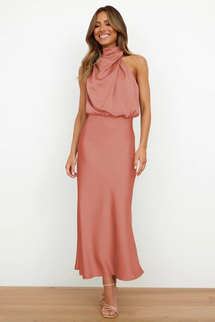 Women's Midi Dress - Satin Finish - Halter Neck Draped Elegant A-Line Fit