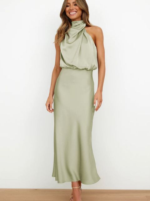 Women's Midi Dress - Satin Finish - Halter Neck Draped Elegant A-Line Fit