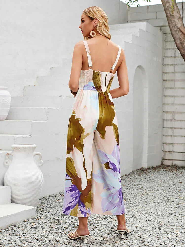 Women's Jumpsuit - Sleeveless V-Neck - Knotted Bust Cut-Out - Wide-Leg Flowy Fit
