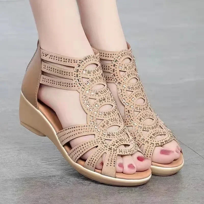 Women’s Wedge Sandals - Open Toe - Cut-Out Design - Back Zipper - Casual Comfort