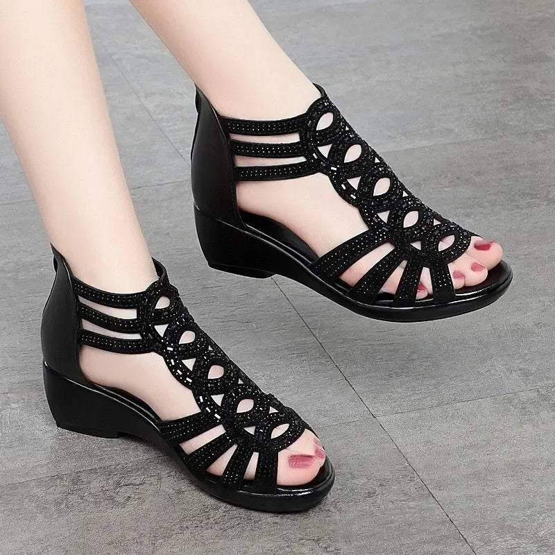 Women’s Wedge Sandals - Open Toe - Cut-Out Design - Back Zipper - Casual Comfort