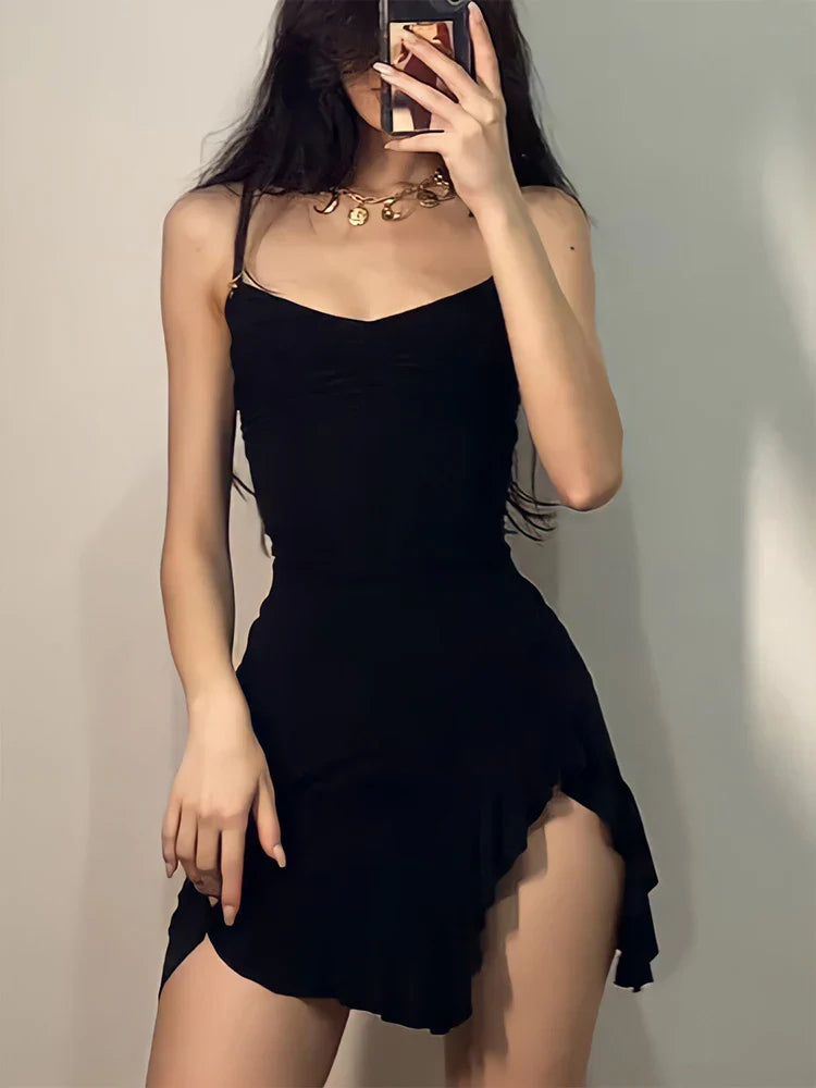Women's Sleeveless Mini Dress - Fitted Bodice - Asymmetrical Hem - Elegant Evening Wear