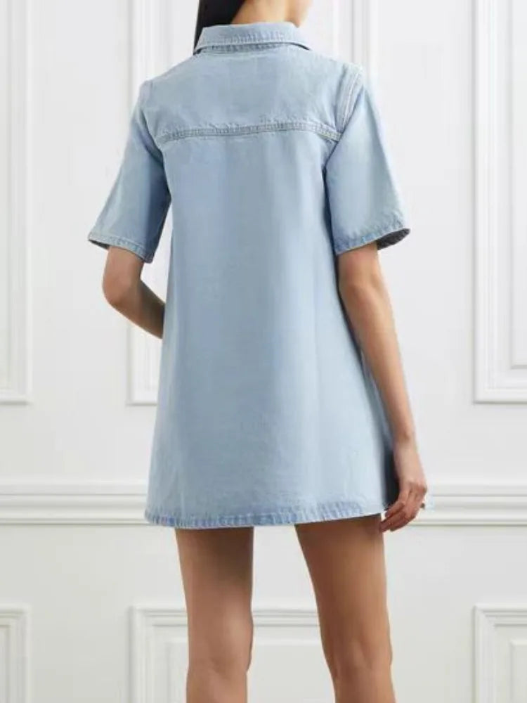 Women's Denim Shirt Dress - Button Down - Short Sleeve - Relaxed Fit - Chest Pockets
