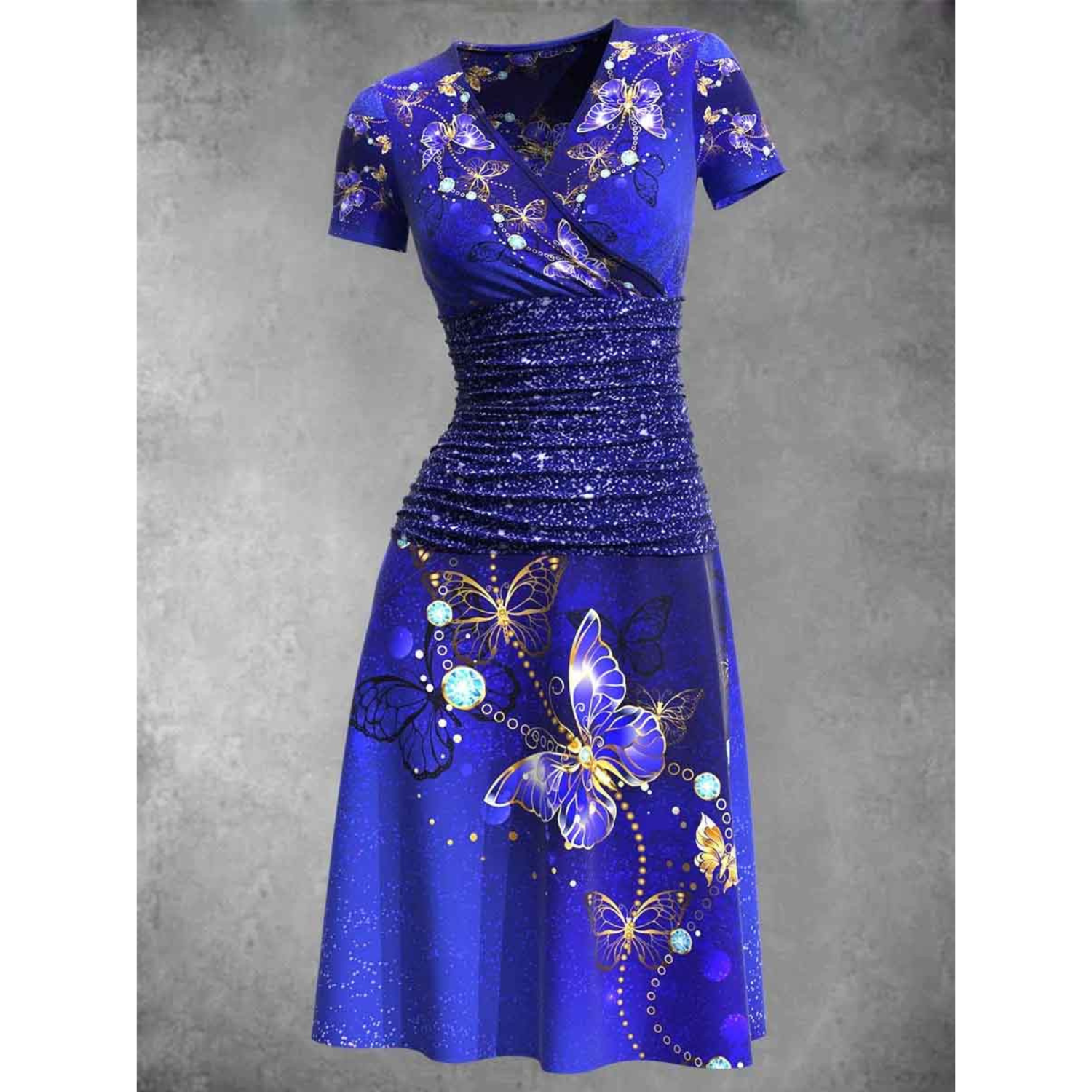 Ruched Waist Butterfly Print A-Line Dress