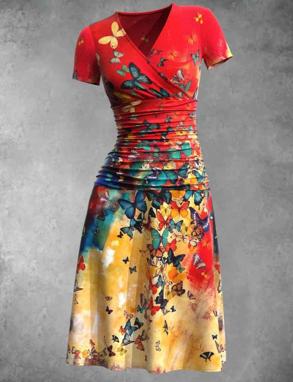 Women's V-Neck Dress - Short Sleeve - Ruched Waist - A-Line Skirt - Butterfly Print