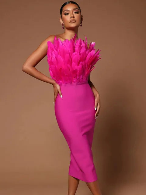 Feather Trim Strapless Midi Dress