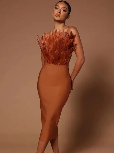 Women's Strapless Midi Dress - Feather Trim - Elegant Bodycon Formal Wear