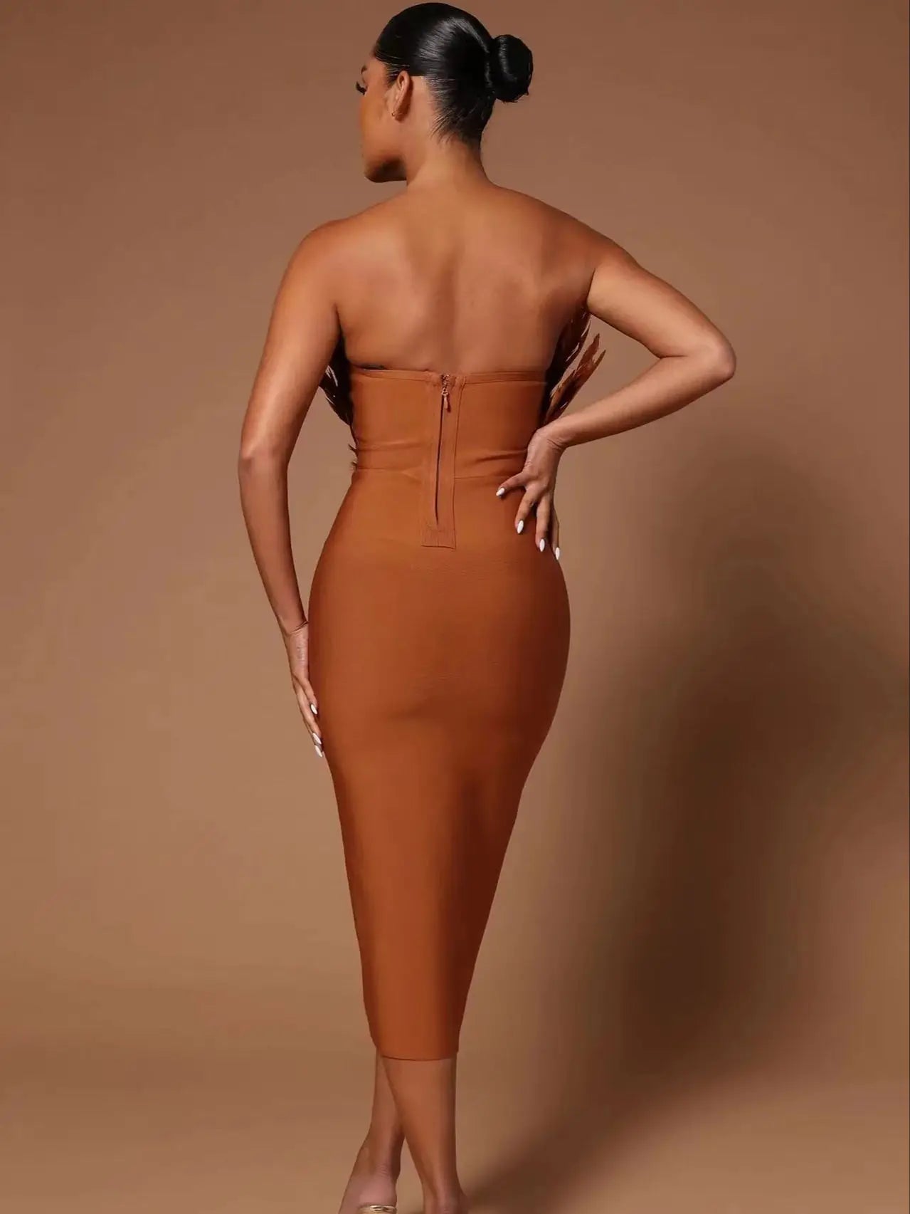 Women's Strapless Midi Dress - Feather Trim - Elegant Bodycon Formal Wear
