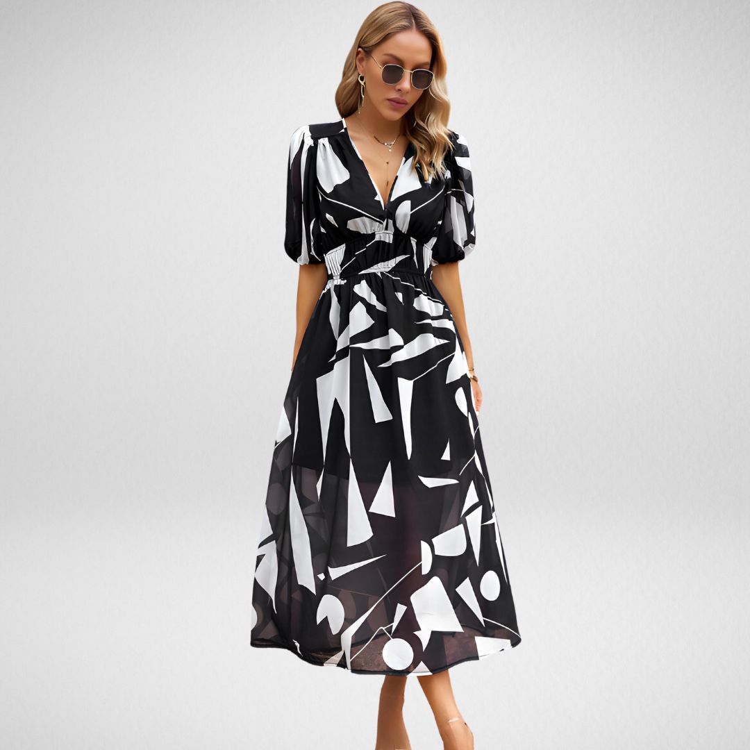 Women's Midi Dress - V-Neck - Puff Sleeve - Geometric Pattern - Flowy Silhouette