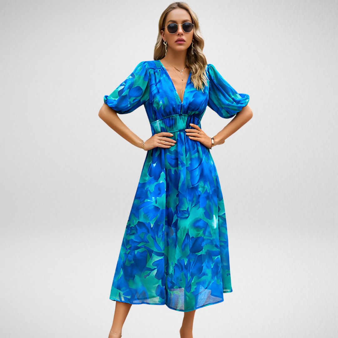 Women's Midi Dress - V-Neck - Puff Sleeve - Geometric Pattern - Flowy Silhouette