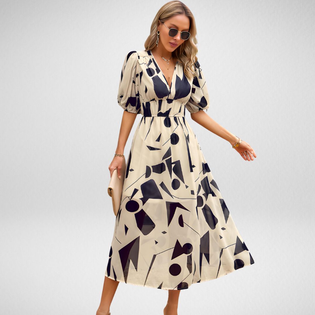Women's Midi Dress - V-Neck - Puff Sleeve - Geometric Pattern - Flowy Silhouette