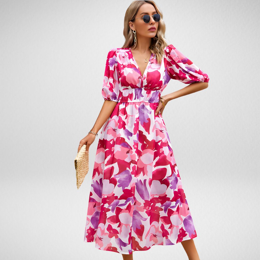 Women's Midi Dress - V-Neck - Puff Sleeve - Geometric Pattern - Flowy Silhouette