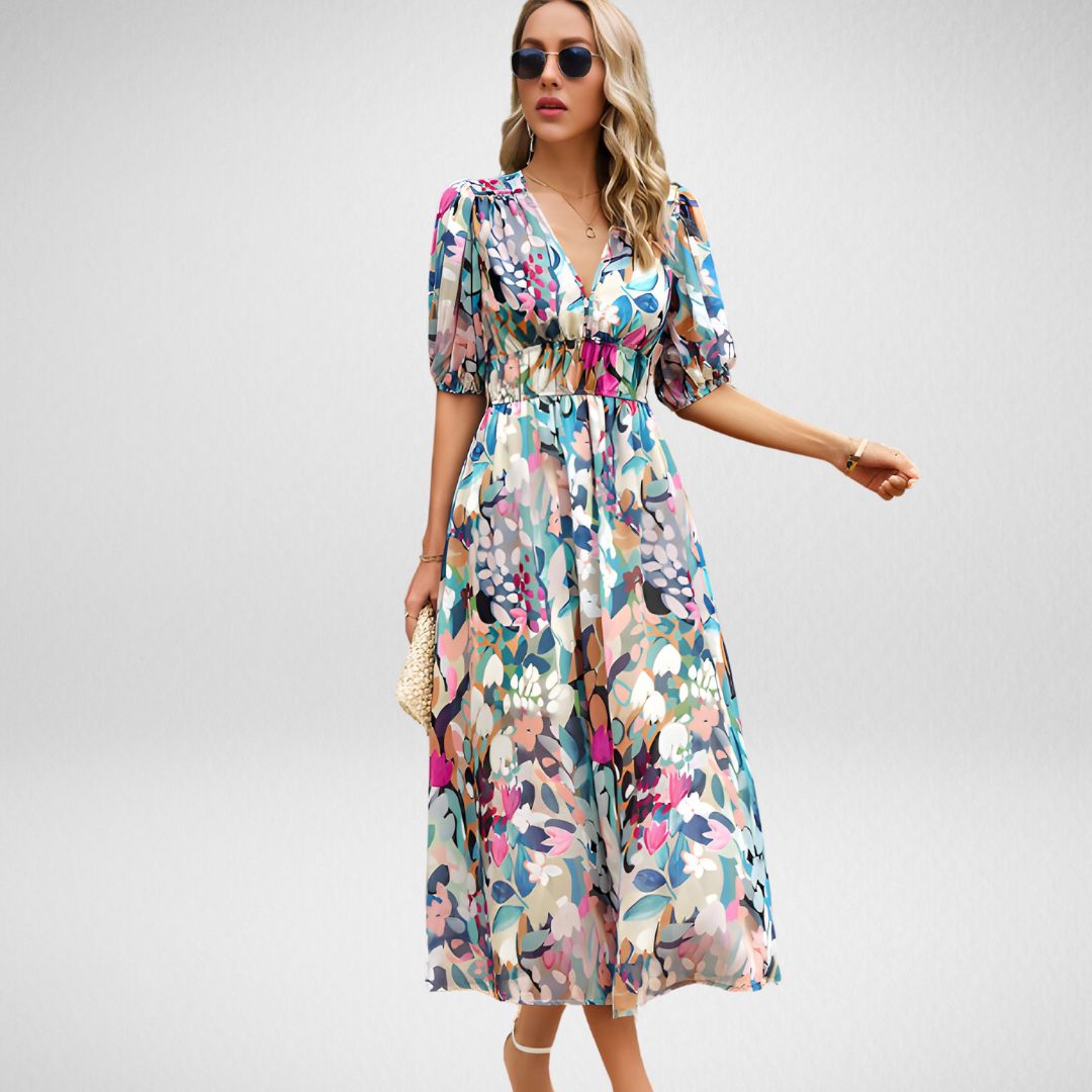 Women's Midi Dress - V-Neck - Puff Sleeve - Geometric Pattern - Flowy Silhouette