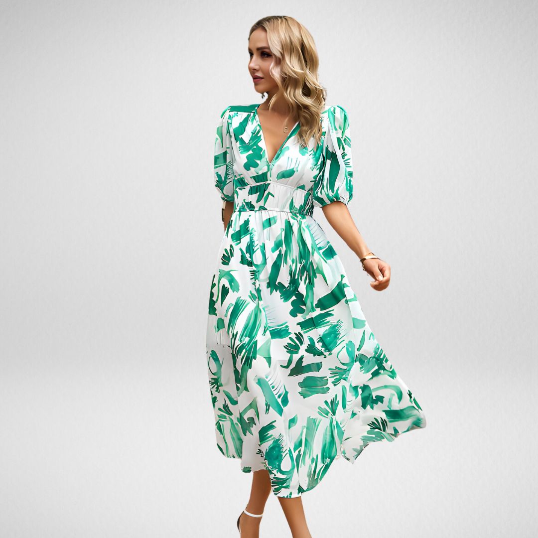 Women's Midi Dress - V-Neck - Puff Sleeve - Geometric Pattern - Flowy Silhouette