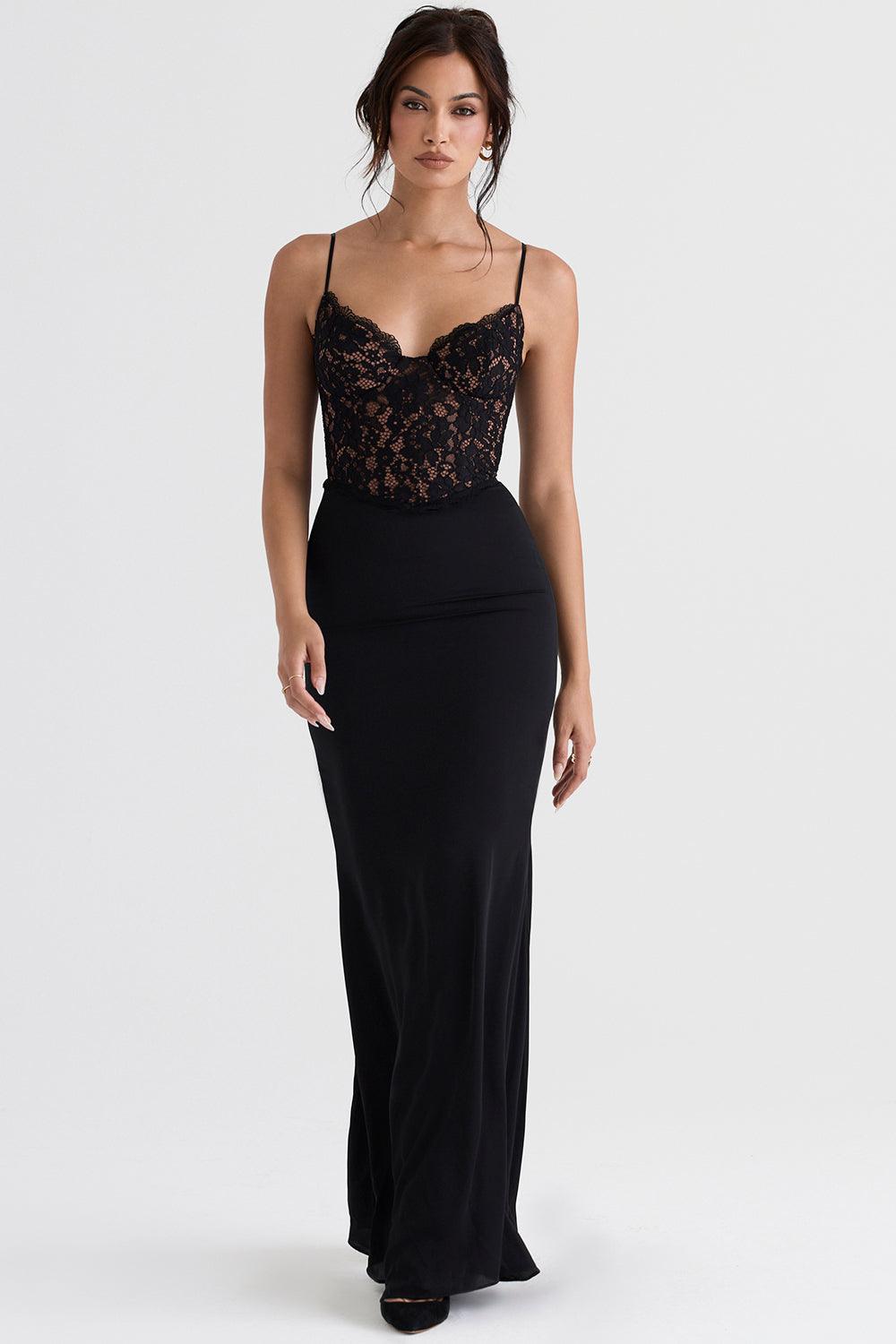 Women's Corset Maxi Dress - Lace Bodice - Spaghetti Straps - Elegant Formal Gown