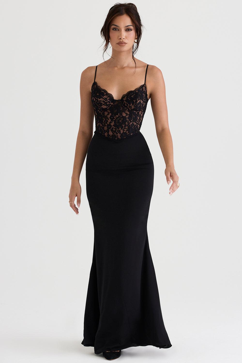 Women's Corset Maxi Dress - Lace Bodice - Spaghetti Straps - Elegant Formal Gown