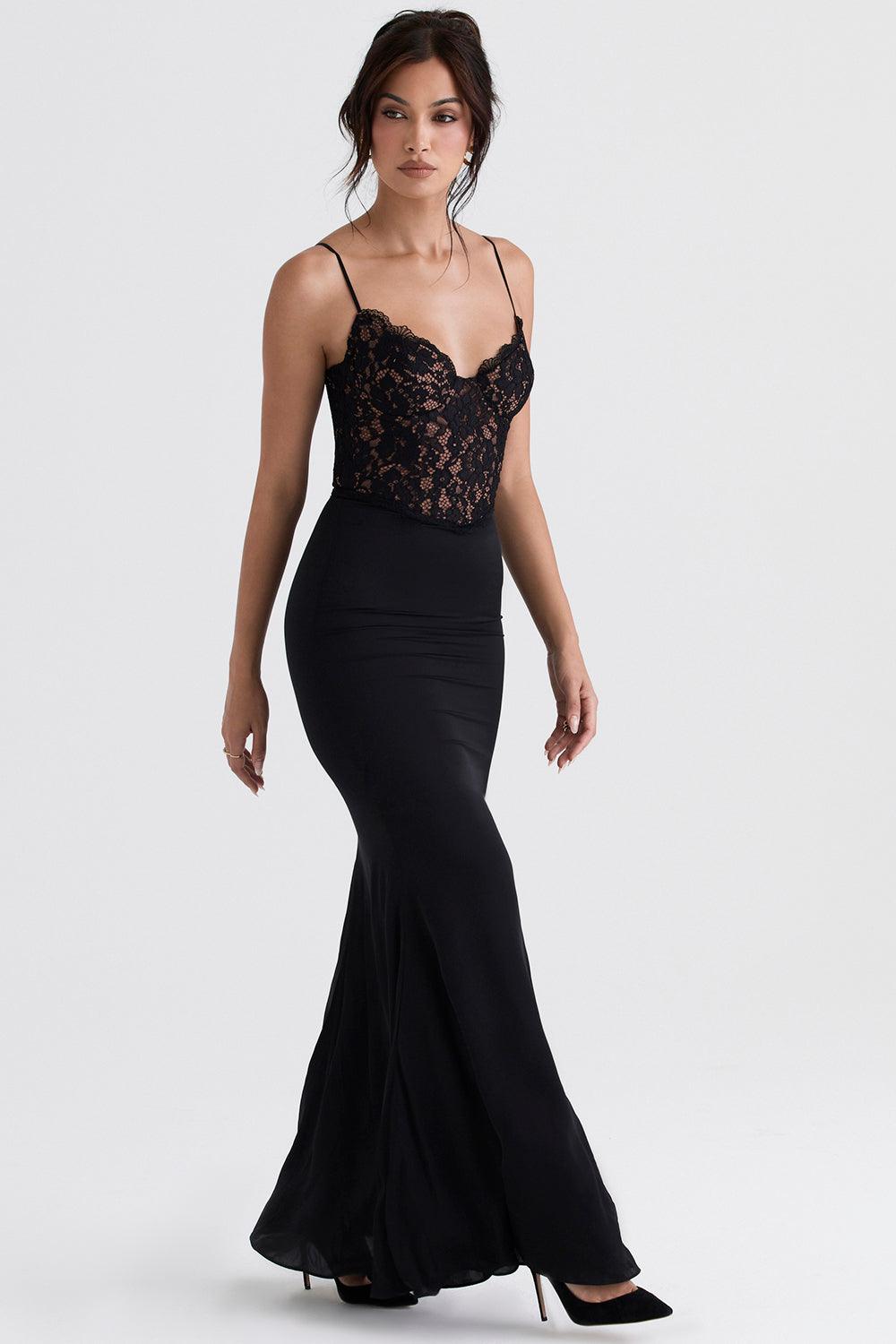 Women's Corset Maxi Dress - Lace Bodice - Spaghetti Straps - Elegant Formal Gown