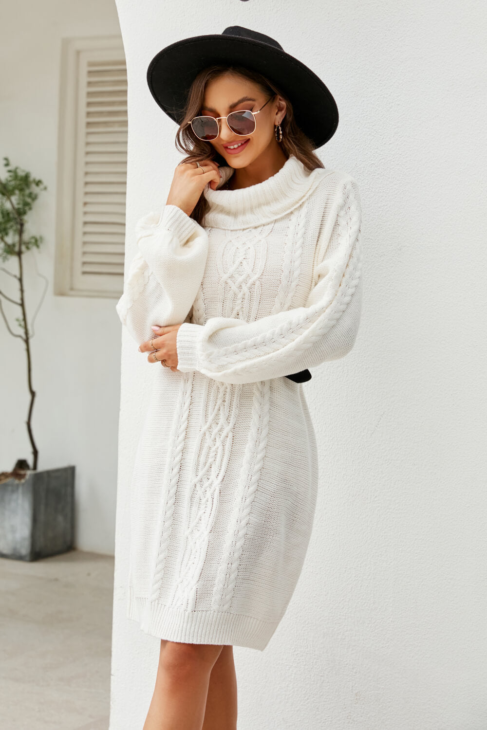 Women's Sweater Dress - Chunky Knit - Cable Pattern - Cowl Neck - Oversized Fit