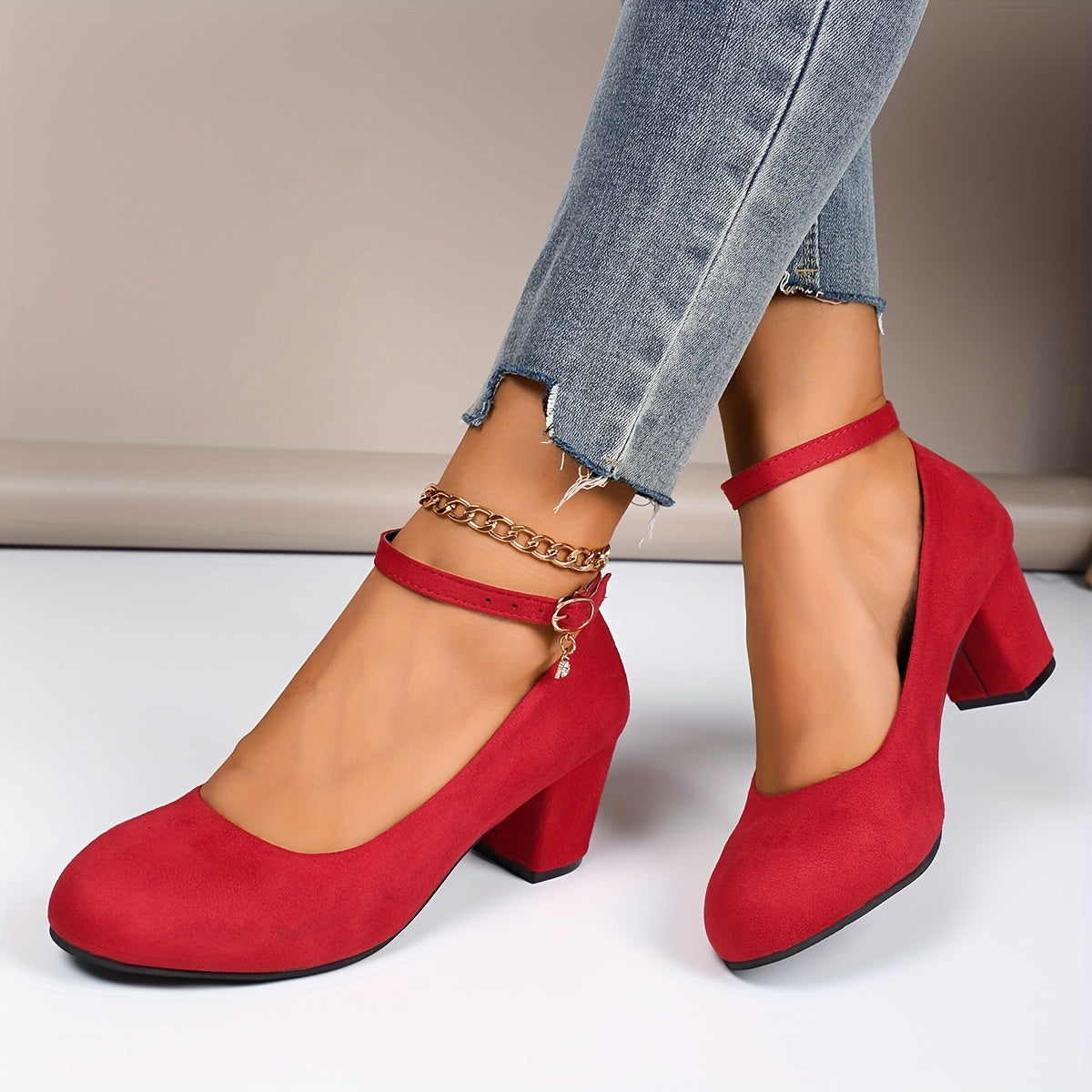 Women's Block Heel Pumps - Closed Toe - Soft-Brushed Look - Ankle Strap Buckle Closure