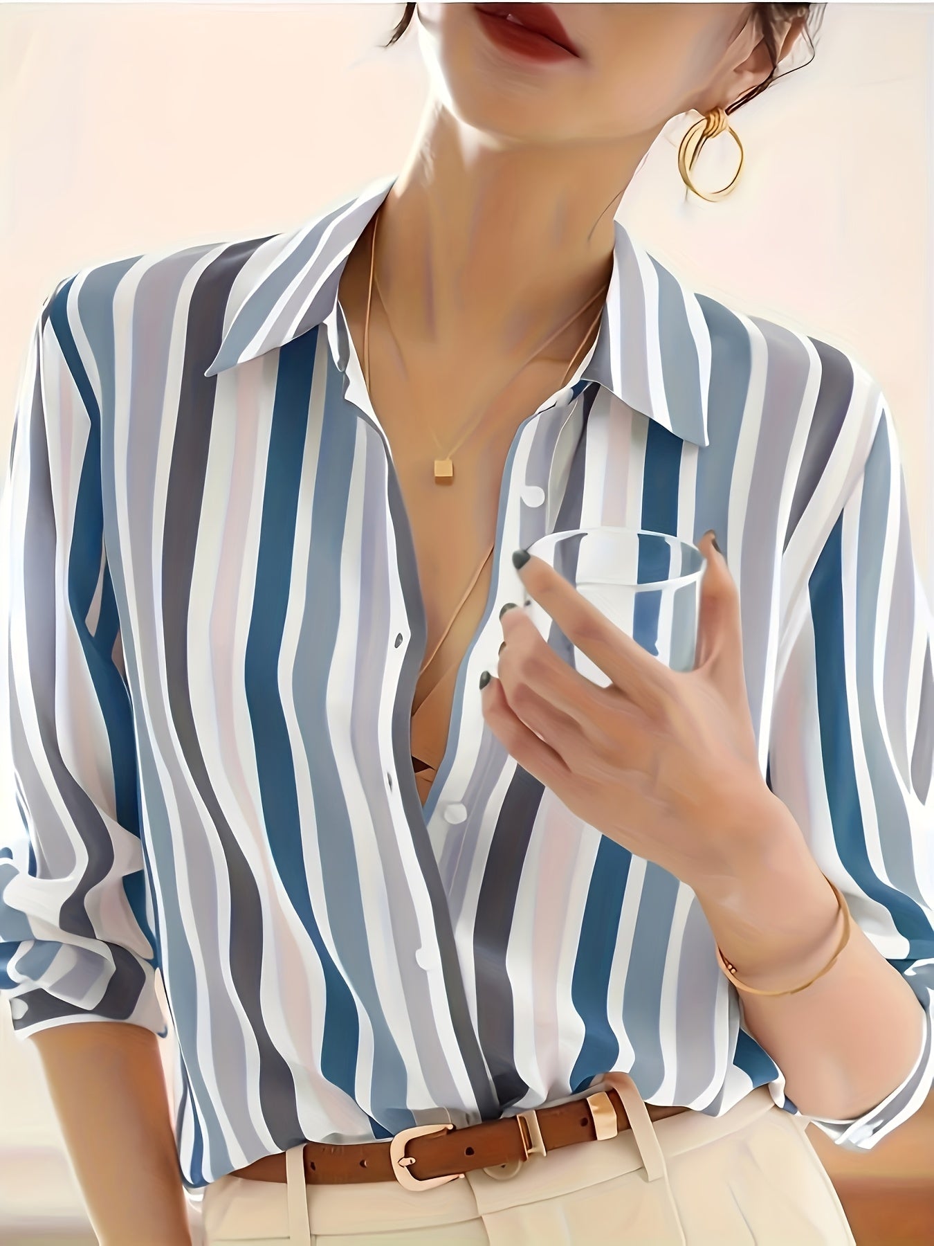 Women's Button-Down Blouse - Classic Collar - Vertical Striped - Long Sleeve