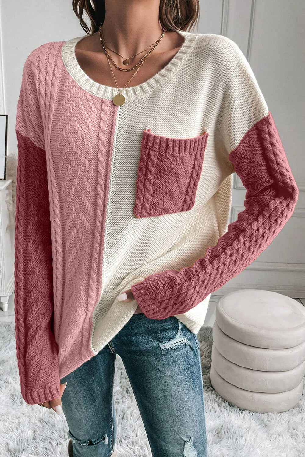 Patchwork Knitted Pullover Sweater with Pockets