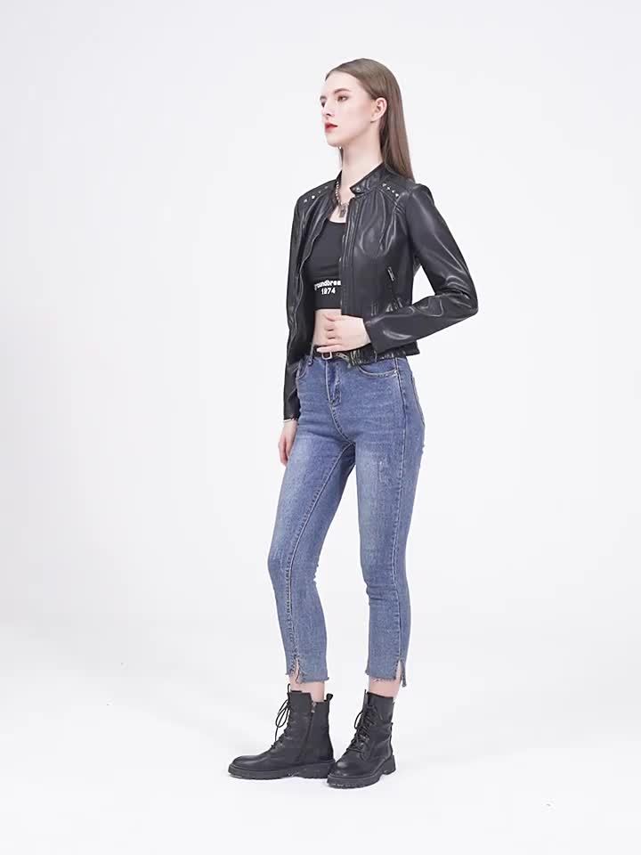 Studded moto jacket with zip closure and stand collar for women