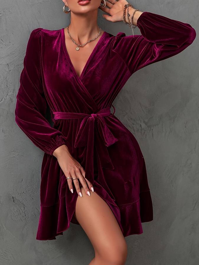 Women's Velvet Wrap Dress - Long Sleeve - V-Neck - Belted Waist - Mini Length Elegant Wear