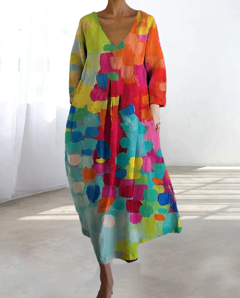 Women's V-Neck Dress - Loose Fit - Lightweight - Three-Quarter Sleeve Casual Wear
