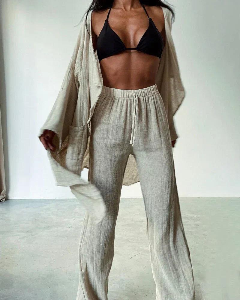 Women's Lounge Set - Lightweight Linen Blend - Open-Front Cardigan & Wide-Leg Pants