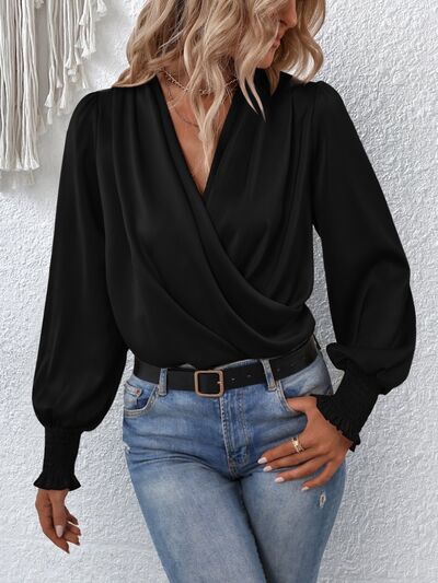Women's Blouse - Wrap Front V-Neck - Long Sleeve Shirred Cuffs - Relaxed Fit