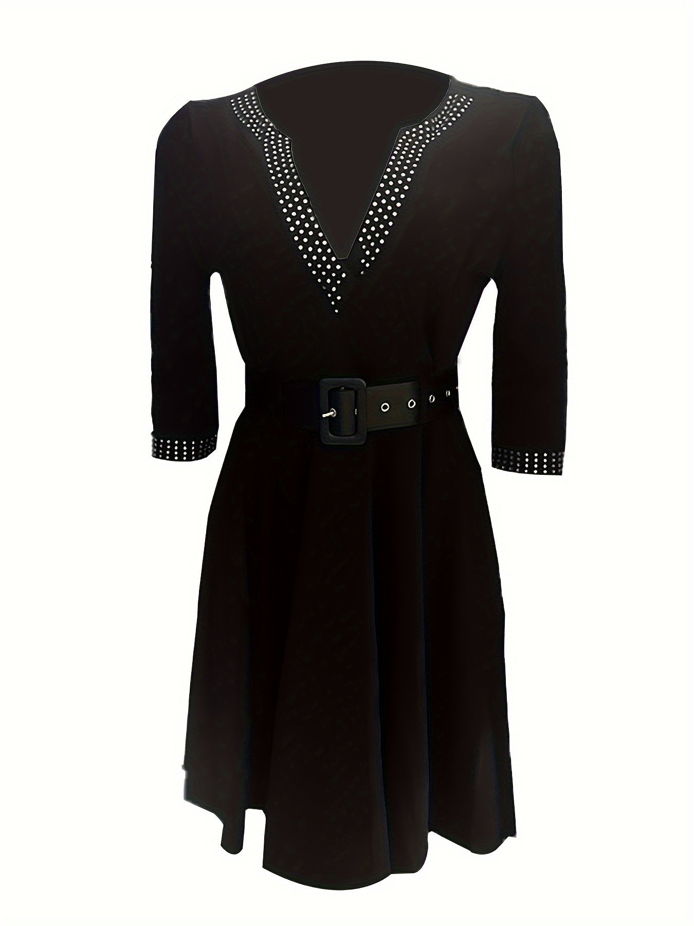Women's V-Neck A-Line Dress – 3/4 Sleeve – Embellished Details – Belted Waist