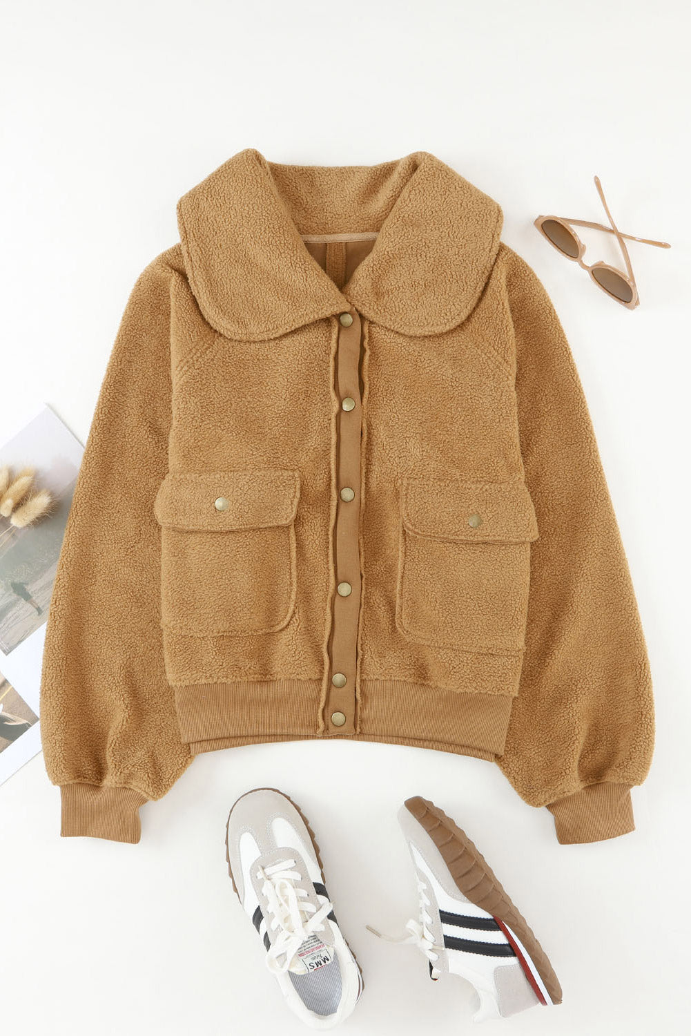Women's Button-Down Jacket - Textured Fabric - Wide Collar - Ribbed Cuffs & Hem