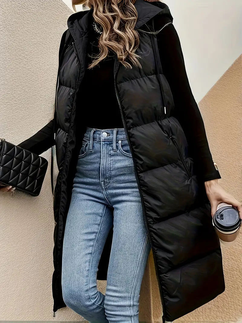 Women's zippered hooded jacket with drawstring and slant pockets