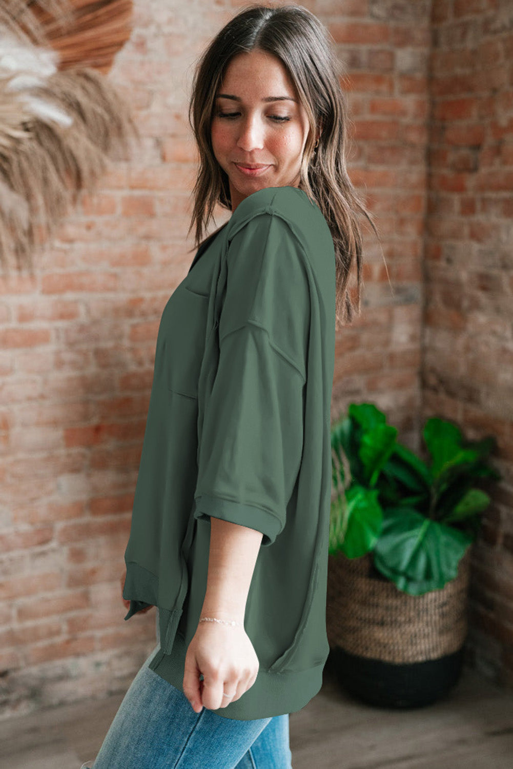 Women's Oversized Top - Loose Fit - Round Neck - Elbow Sleeve Casual Wear