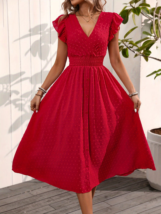 Shirred Waist Flowy A-Line Midi Dress