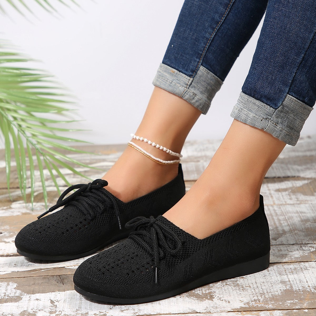 Women's Lace-Up Shoes - Breathable Knit Upper - Lightweight Casual Wear