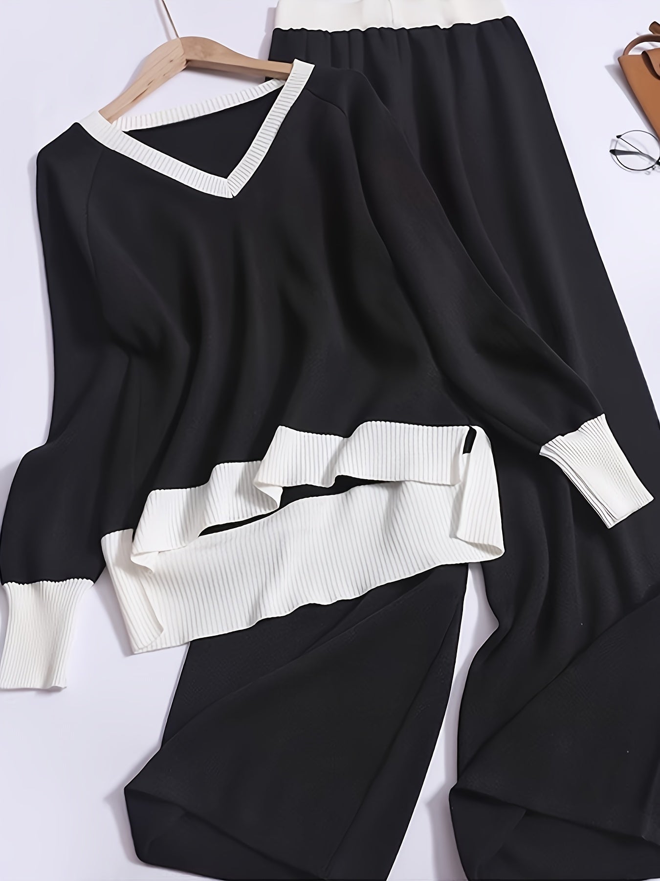 Two-piece v-neck contrast trim sweater and wide-leg pants lounge set for women