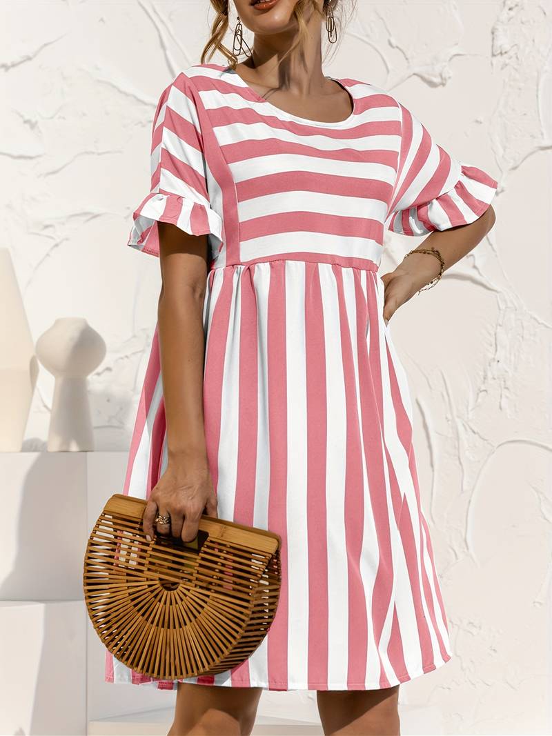Women's Dress - Striped A-Line - Short Flared Sleeves - Knee-Length Casual Fit