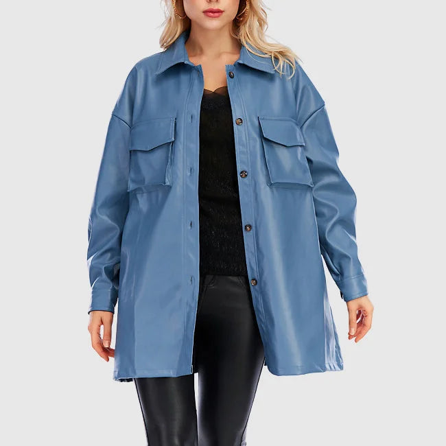 Women's stylish ding PU leather jacket with belt and button closure