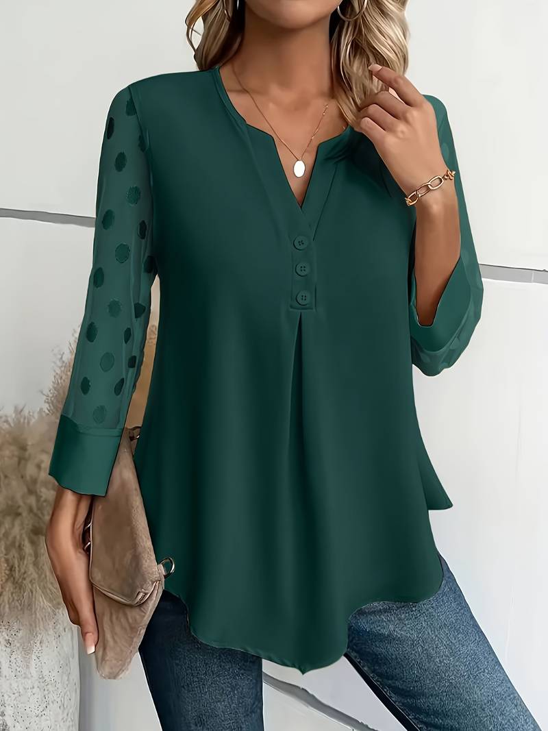Women's Blouse - Sheer Polka Dot Sleeves - Round Neck - Relaxed Fit Stylish Wear