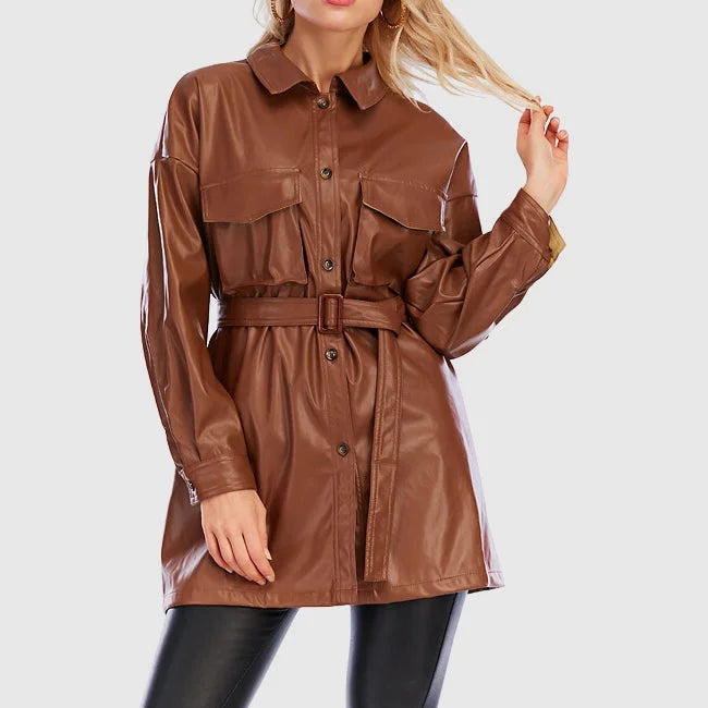 Women's stylish ding PU leather jacket with belt and button closure