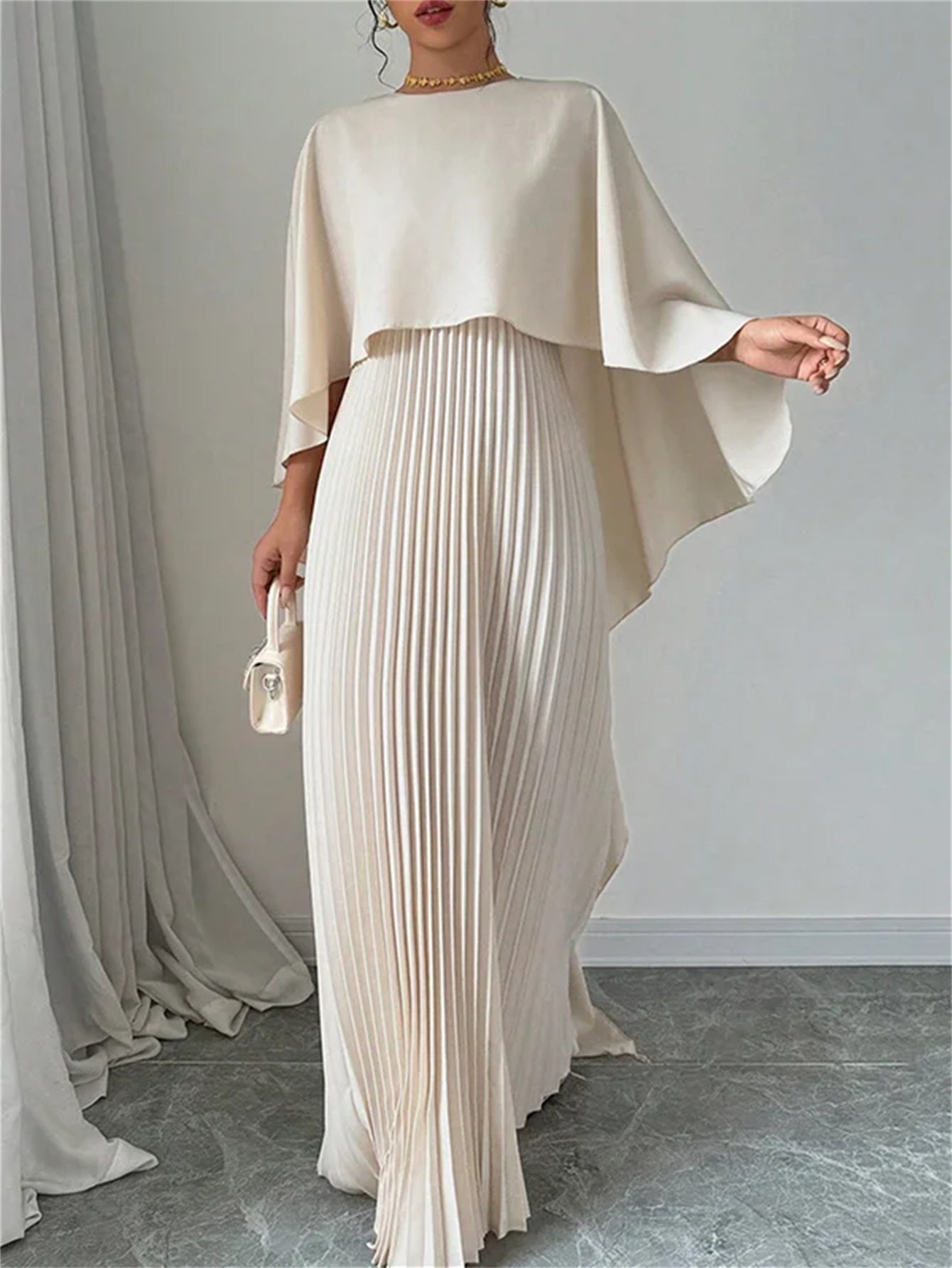 Elegant Pleated Maxi Cape Dress