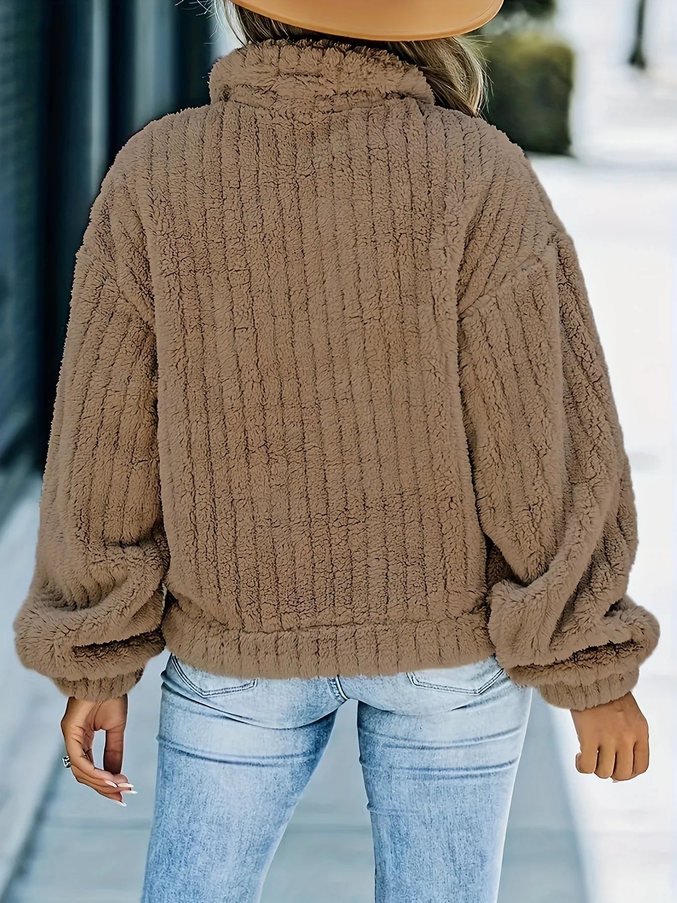 Women's thick ribbed plush lapel coat with pockets