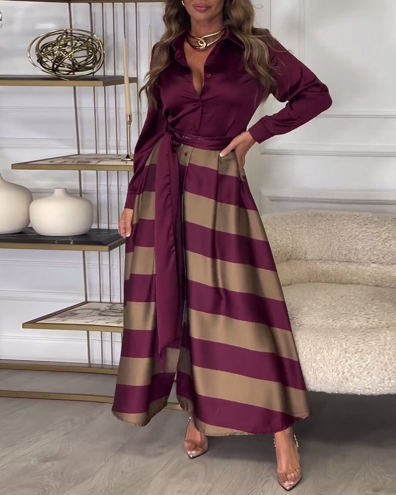 Belted Striped Flowing Button-Up Maxi Dress