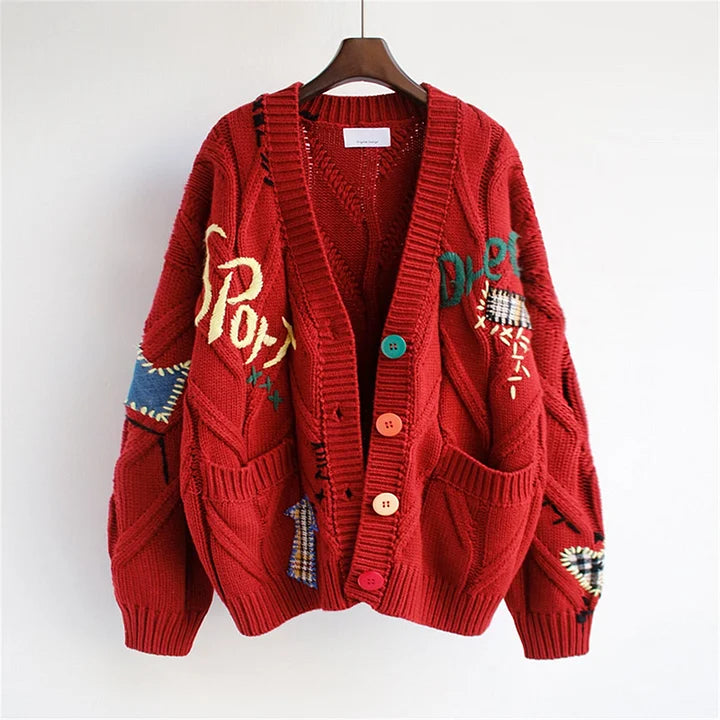 Women’s Knit Cardigan - Oversized Fit - Chunky Texture - Embroidered Details - Button Front