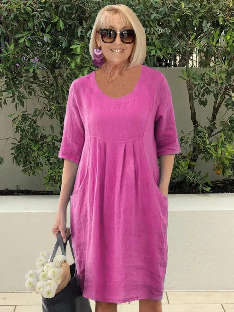 Women’s Midi Dress – Natural Fibers – Relaxed Fit – Scoop Neck – Elbow Sleeve – Pockets
