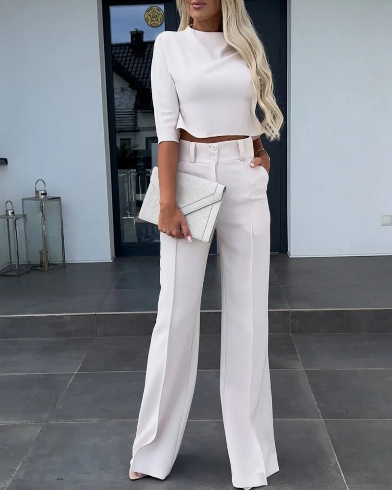 Women's casual 3/4 sleeve crop top and flare pants set