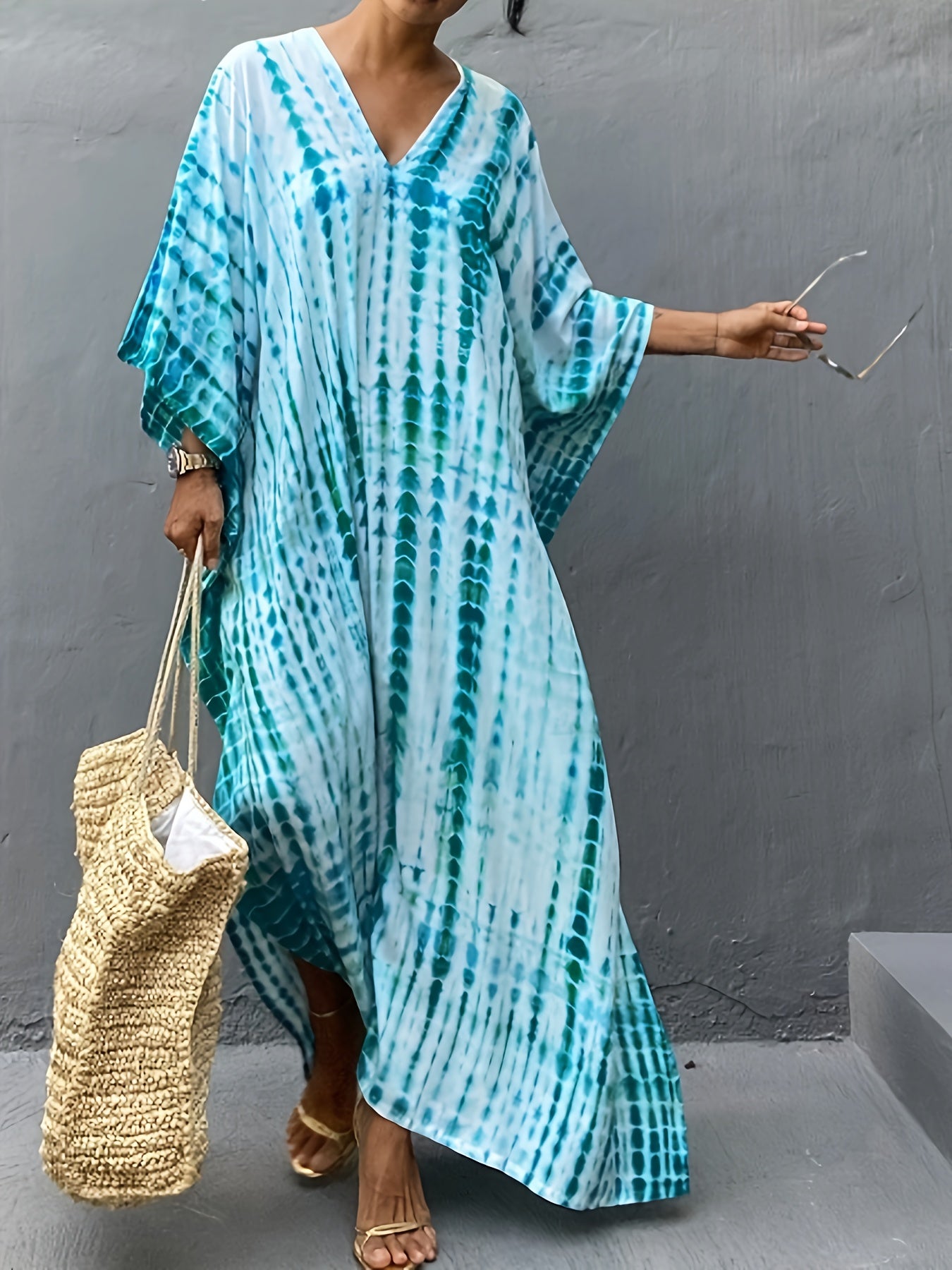 Tie-dye v-neck flowy kaftan maxi dress for women