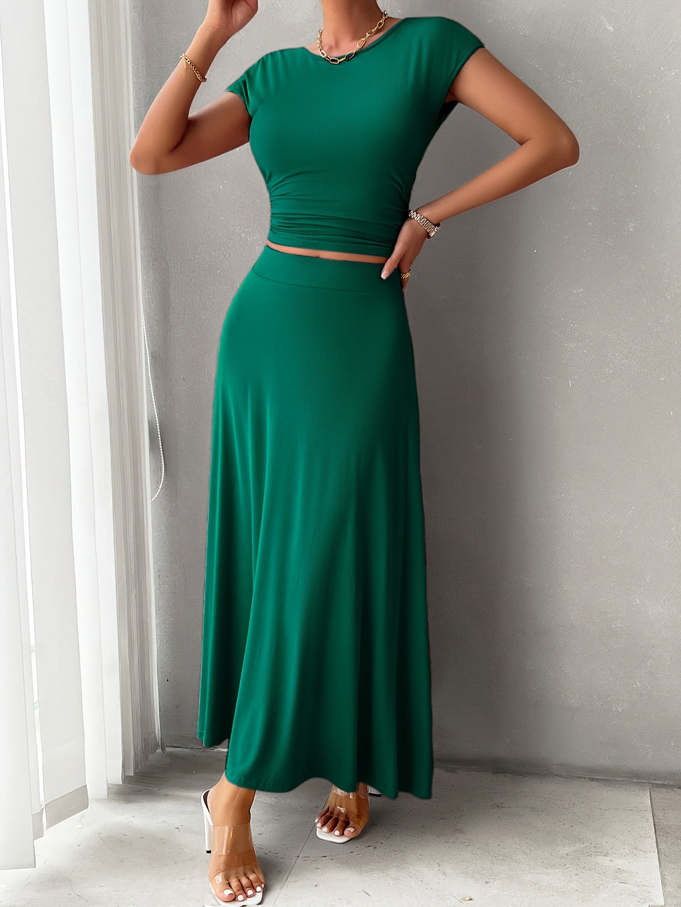 Women's A-Line Dress - Ribbed Knit - Fitted Bodice - Cap Sleeve Elegant Style